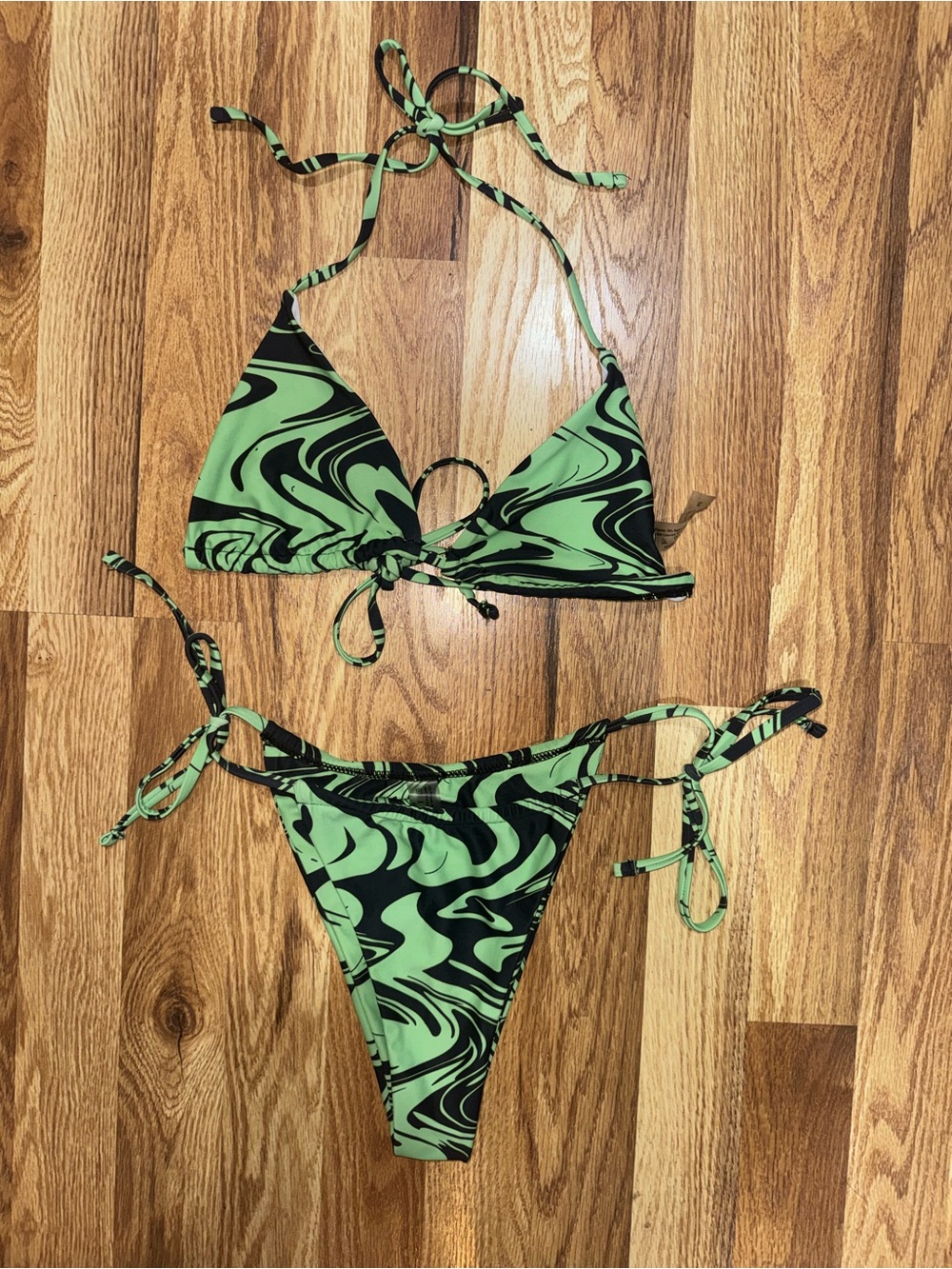 Green Black Swirl 2 Piece Halter Triangle Bikini Set Adjustable Strap M
